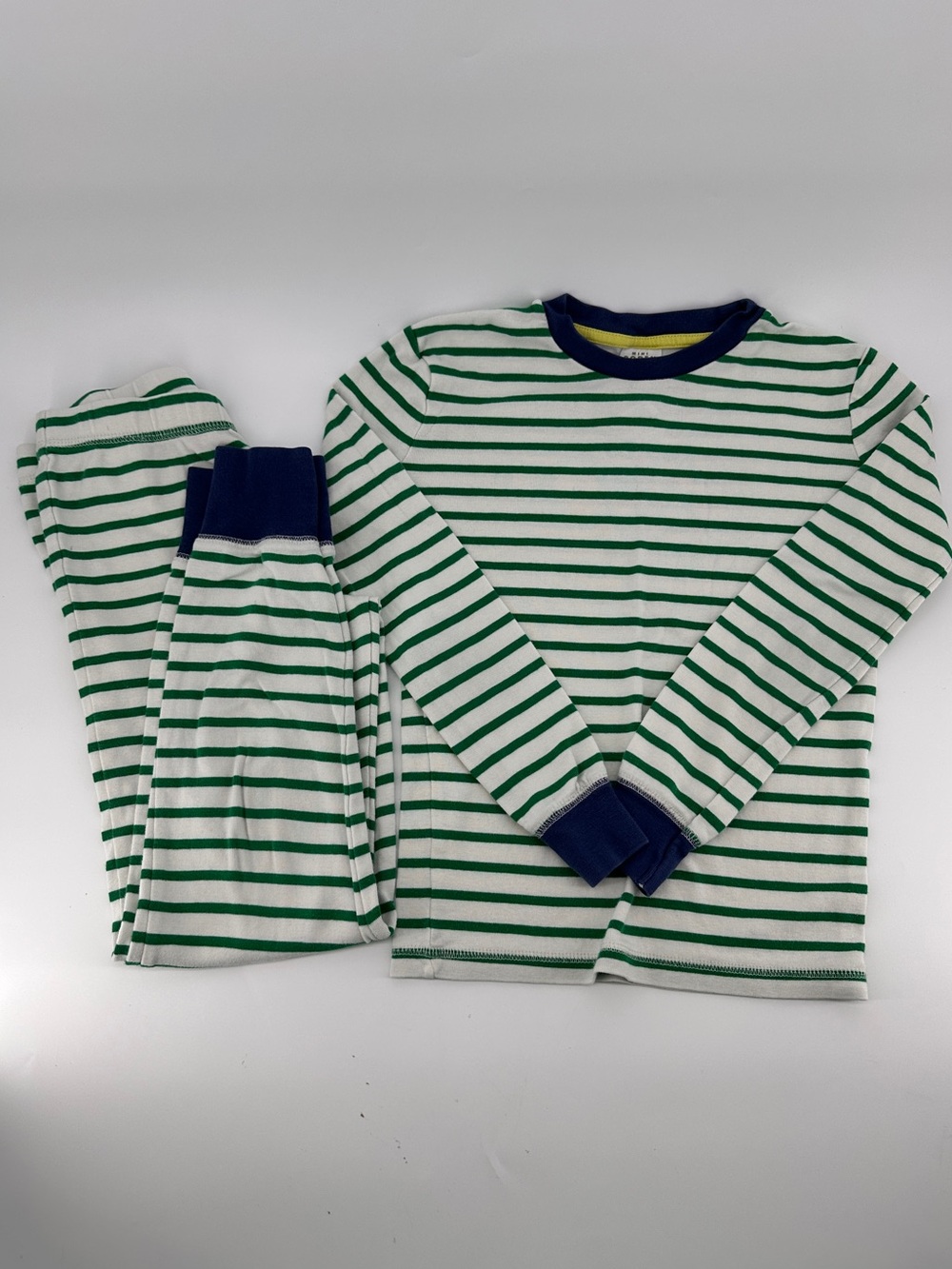 Mini Boden Pajamas Snug Fit Sz 10Y 2Pc Pjs Cotton Stipe Green White